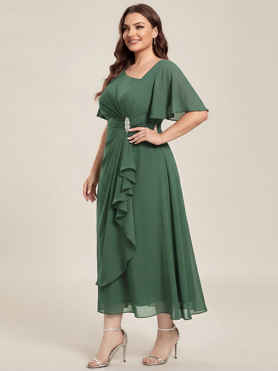 Plus Size Pleated Chiffon Ruffle Sleeve Midi Dress #color_Eucalyptus