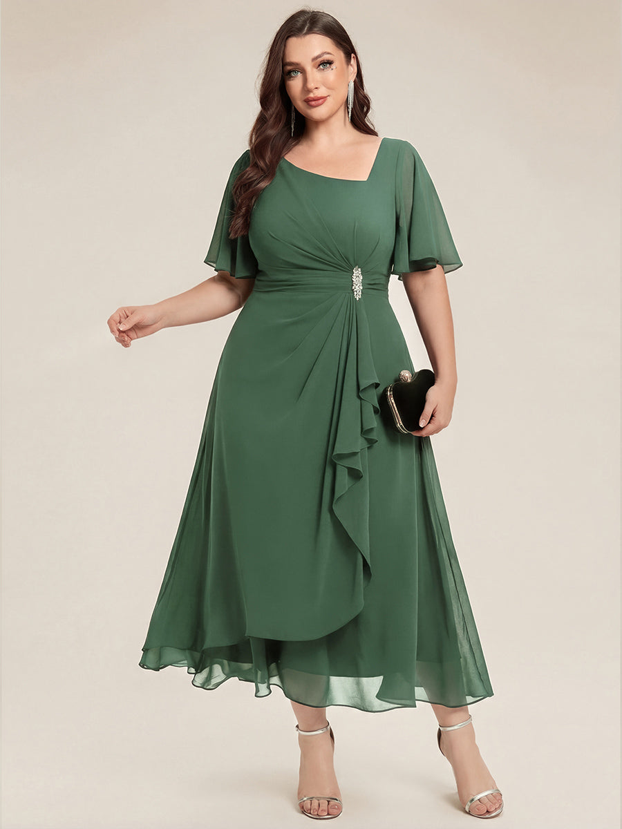 Plus Size Pleated Chiffon Ruffle Sleeve Midi Dress #color_Eucalyptus