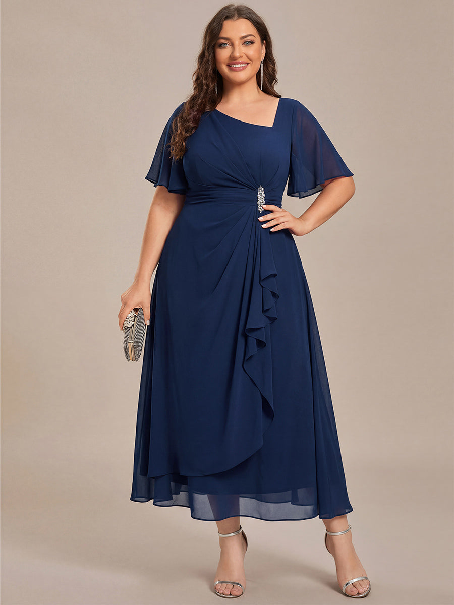 Plus Size Pleated Chiffon Ruffle Sleeve Midi Dress #color_Navy Blue