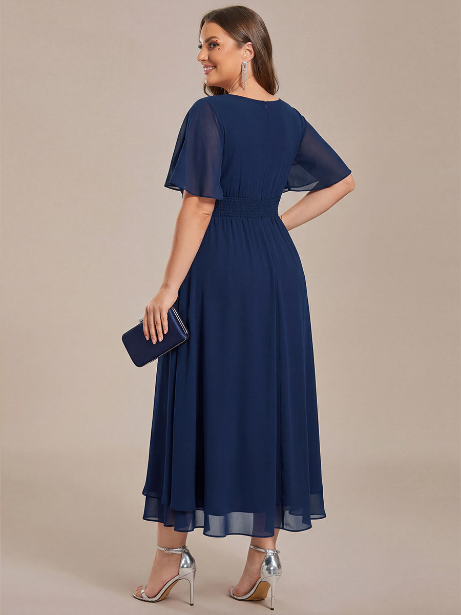 Plus Size Pleated Chiffon Ruffle Sleeve Midi Dress #color_Navy Blue