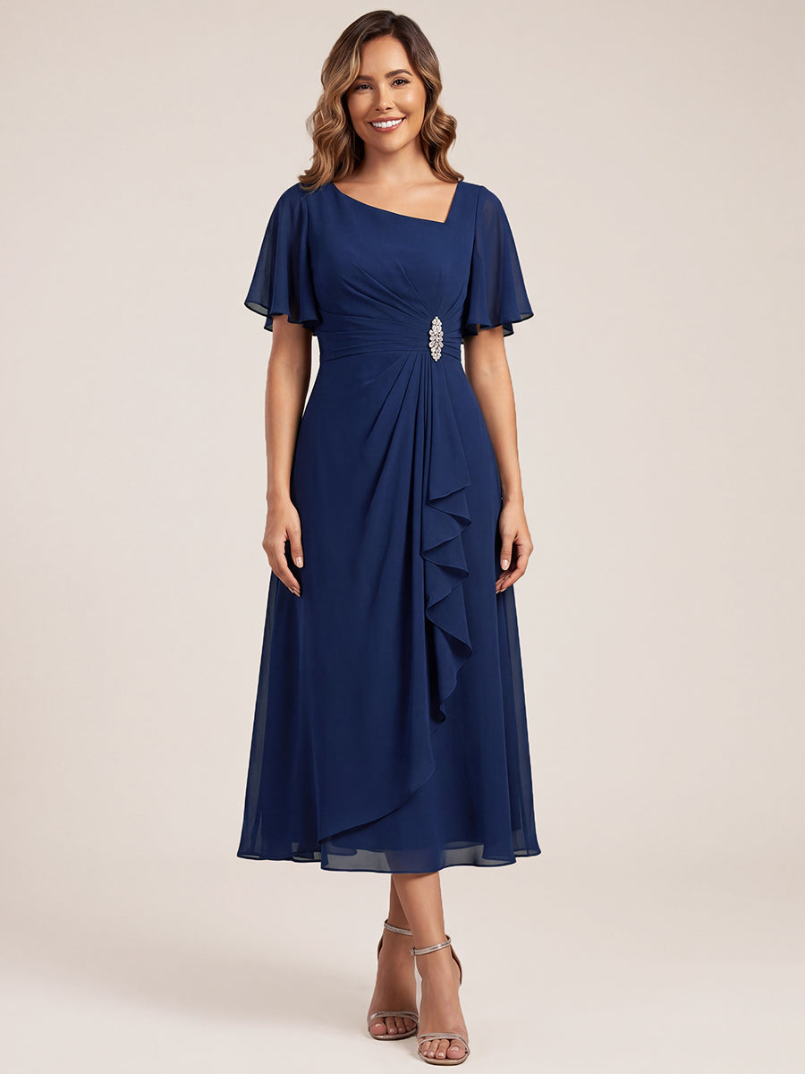 Pleated Chiffon Ruffle Sleeve Midi Dress #color_Navy Blue