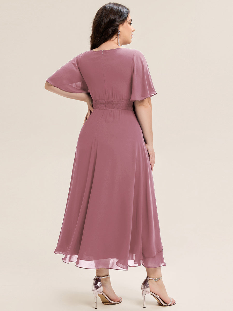 Plus Size Pleated Chiffon Ruffle Sleeve Midi Dress #color_Purple Orchid