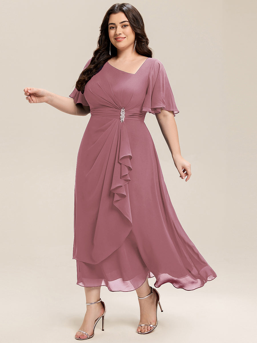 Plus Size Pleated Chiffon Ruffle Sleeve Midi Dress #color_Purple Orchid