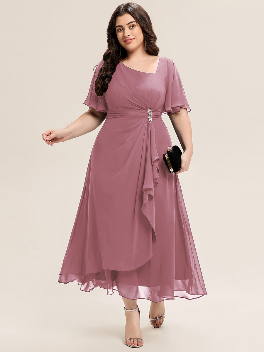 Plus Size Pleated Chiffon Ruffle Sleeve Midi Dress #color_Purple Orchid