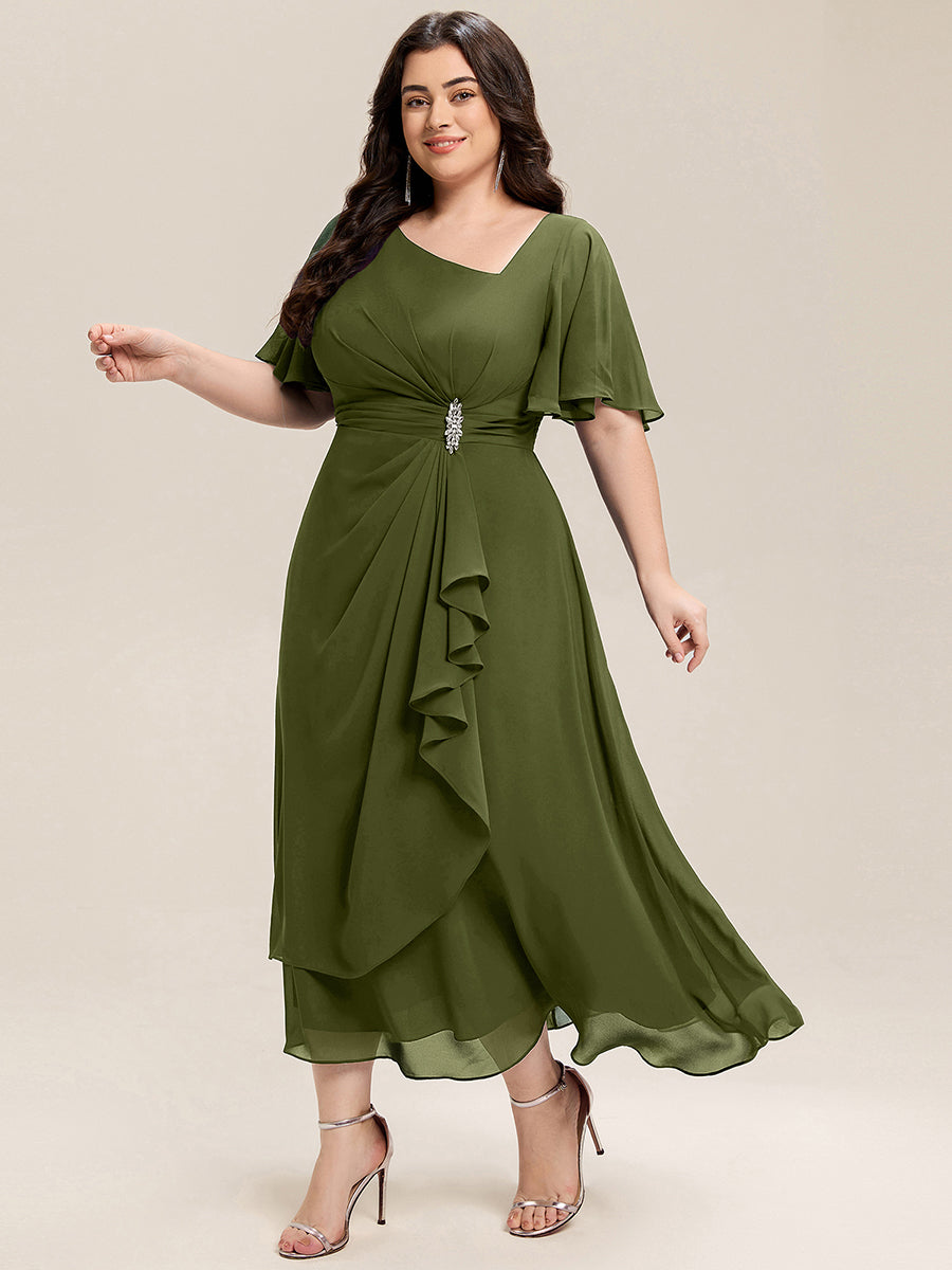 Plus Size Pleated Chiffon Ruffle Sleeve Midi Dress #color_Olive Green