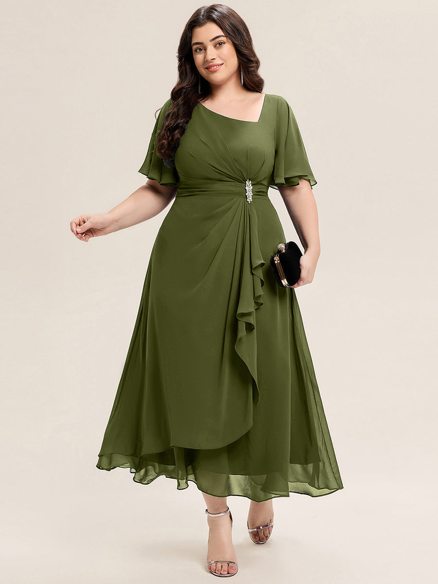 Pleated Chiffon Ruffle Sleeve Midi Dress #color_Olive Green