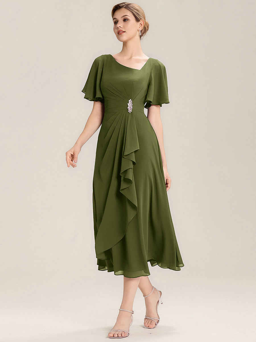 Pleated Chiffon Ruffle Sleeve Midi Dress #color_Olive Green