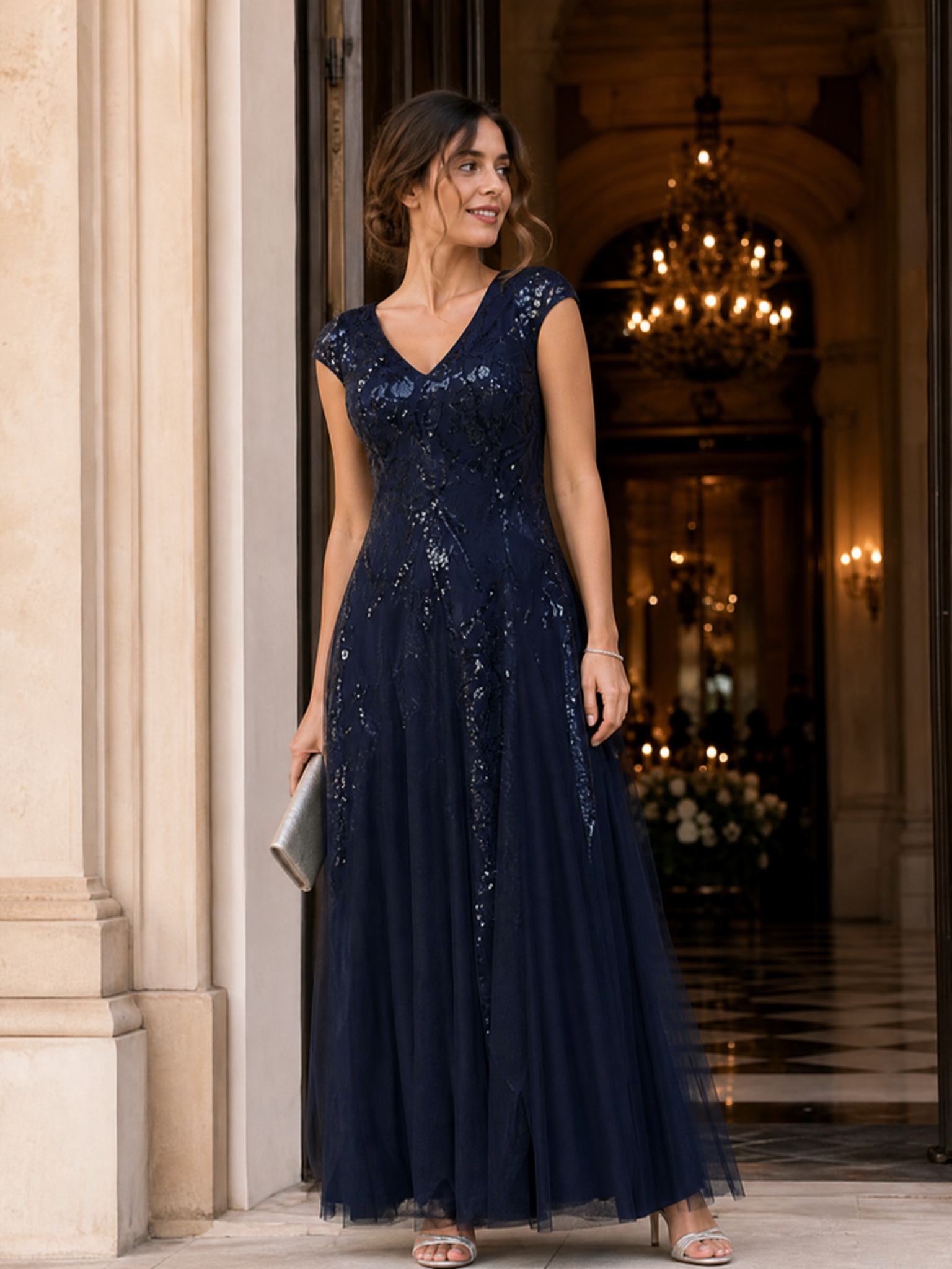 Glitter Embroidered Cap Sleeve High Stretch Mother of the Bride Dress #color_Navy Blue