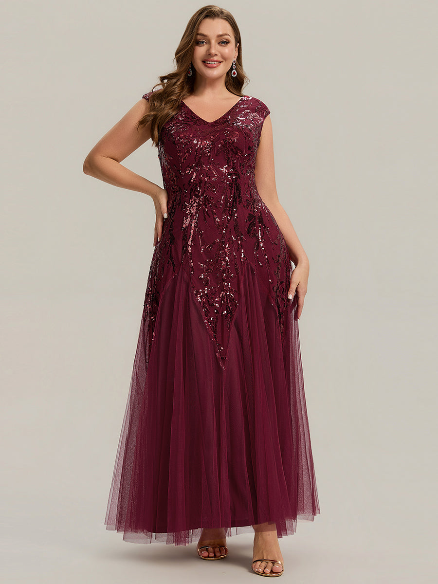 Glitter Embroidered Cap Sleeve High Stretch Mother of the Bride Dress #color_Burgundy