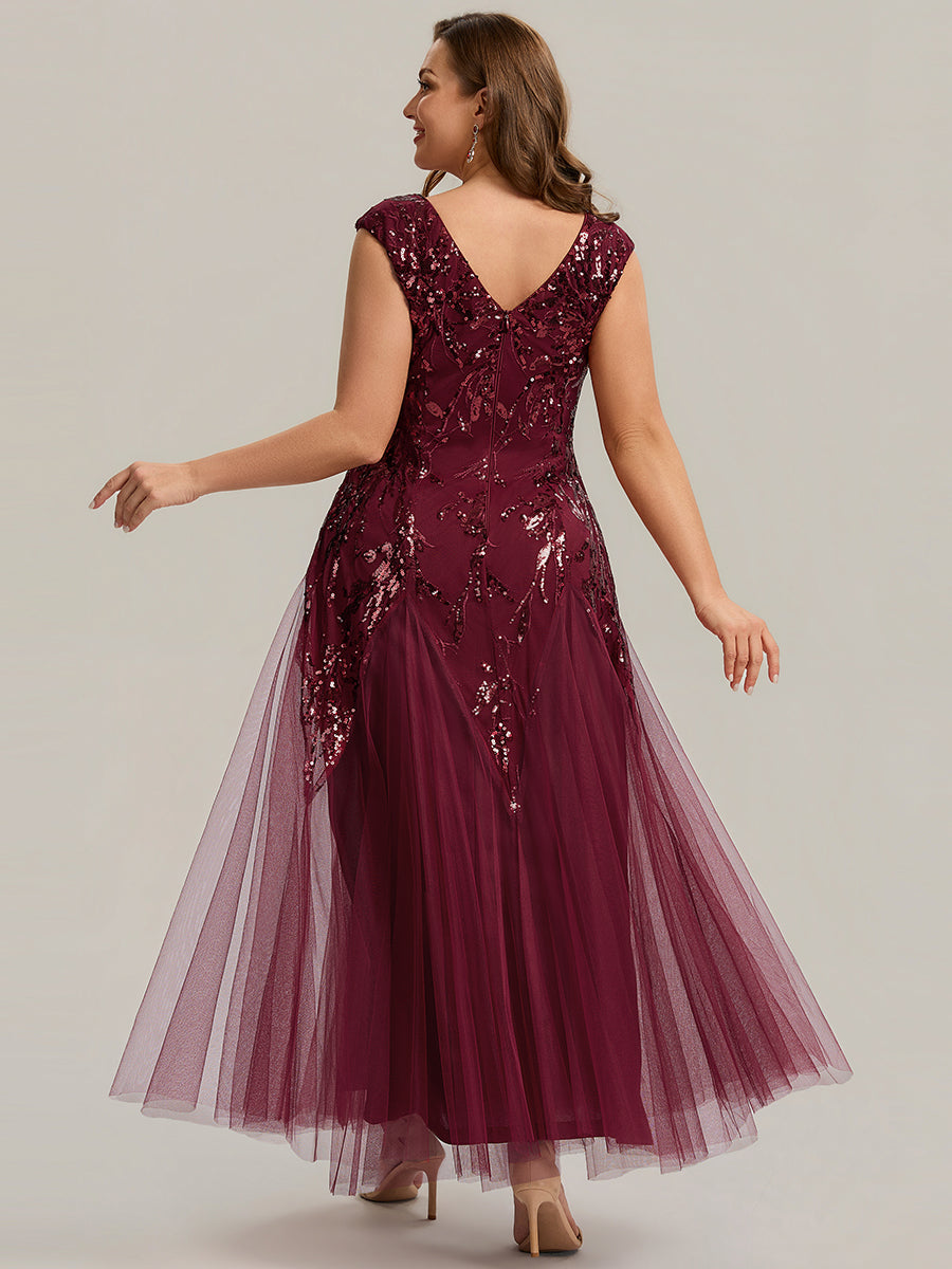 Glitter Embroidered Cap Sleeve High Stretch Mother of the Bride Dress #color_Burgundy