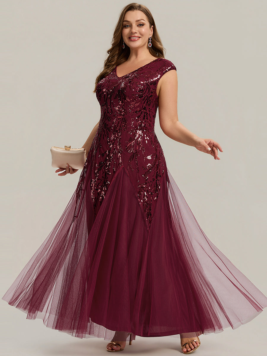 Glitter Embroidered Cap Sleeve High Stretch Mother of the Bride Dress #color_Burgundy