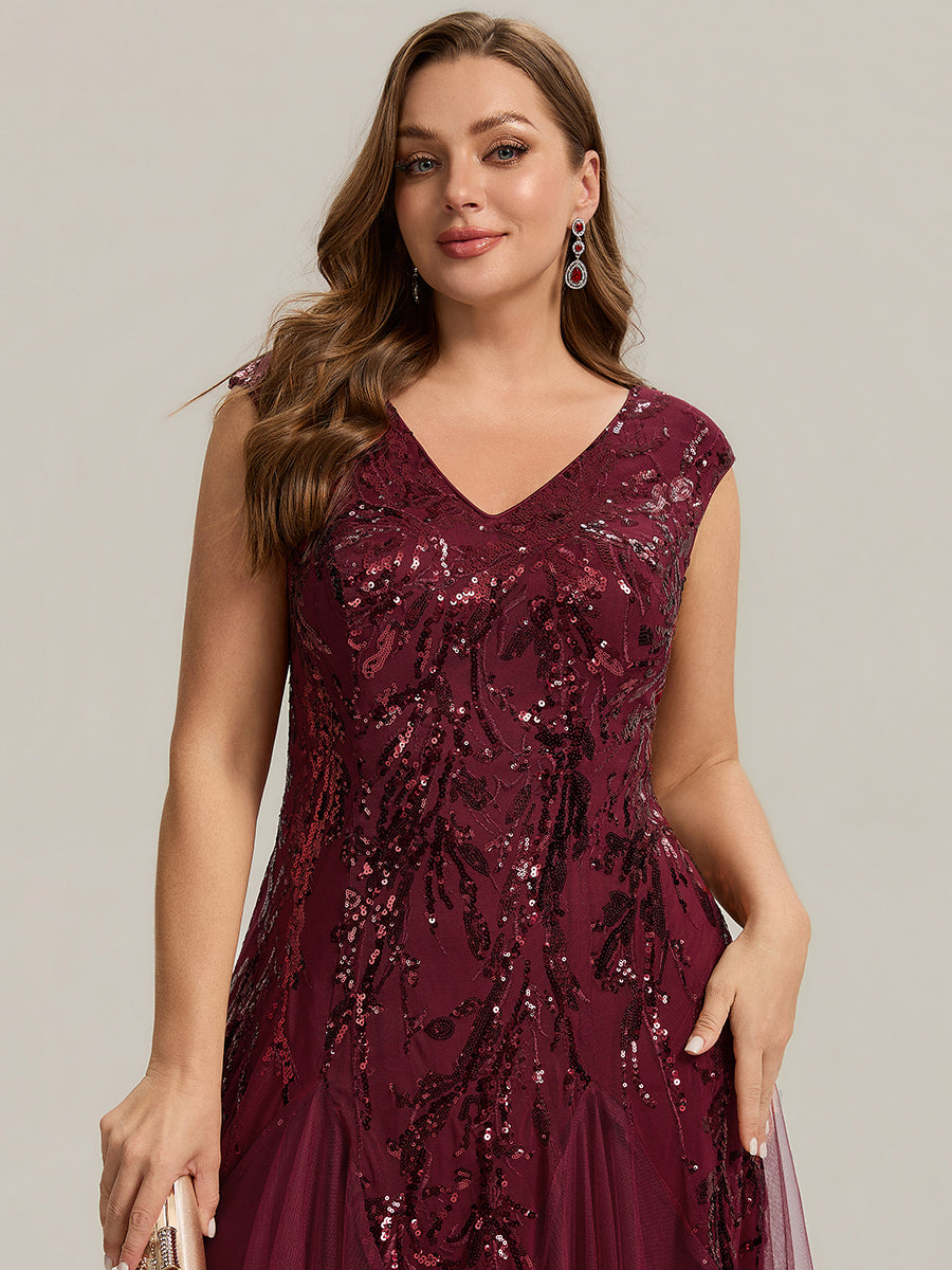 Glitter Embroidered Cap Sleeve High Stretch Mother of the Bride Dress #color_Burgundy
