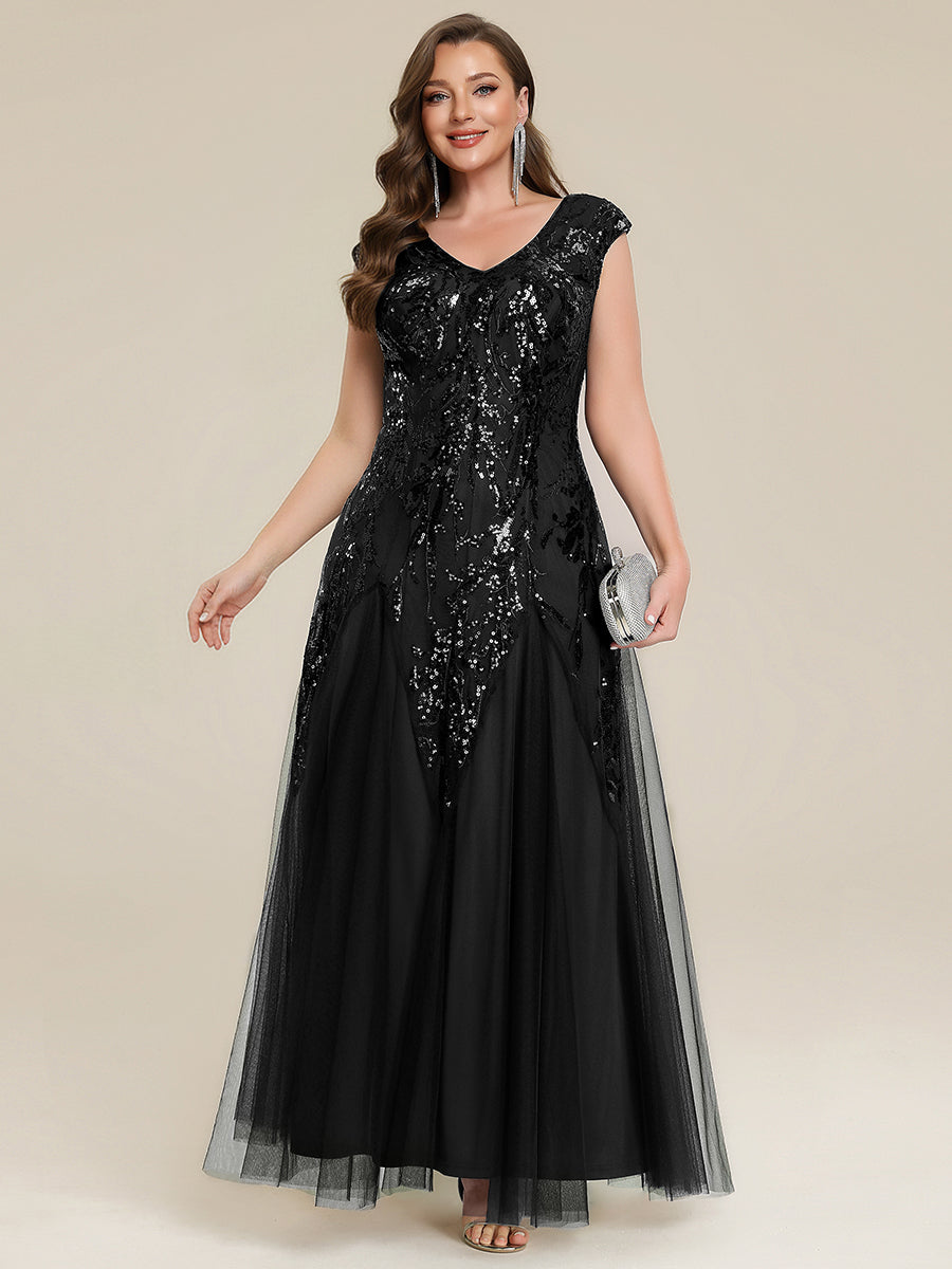 Glitter Embroidered Cap Sleeve High Stretch Mother of the Bride Dress #color_Black