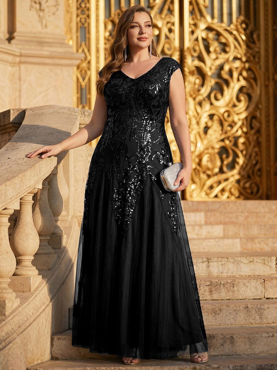 Glitter Embroidered Cap Sleeve High Stretch Mother of the Bride Dress #color_Black