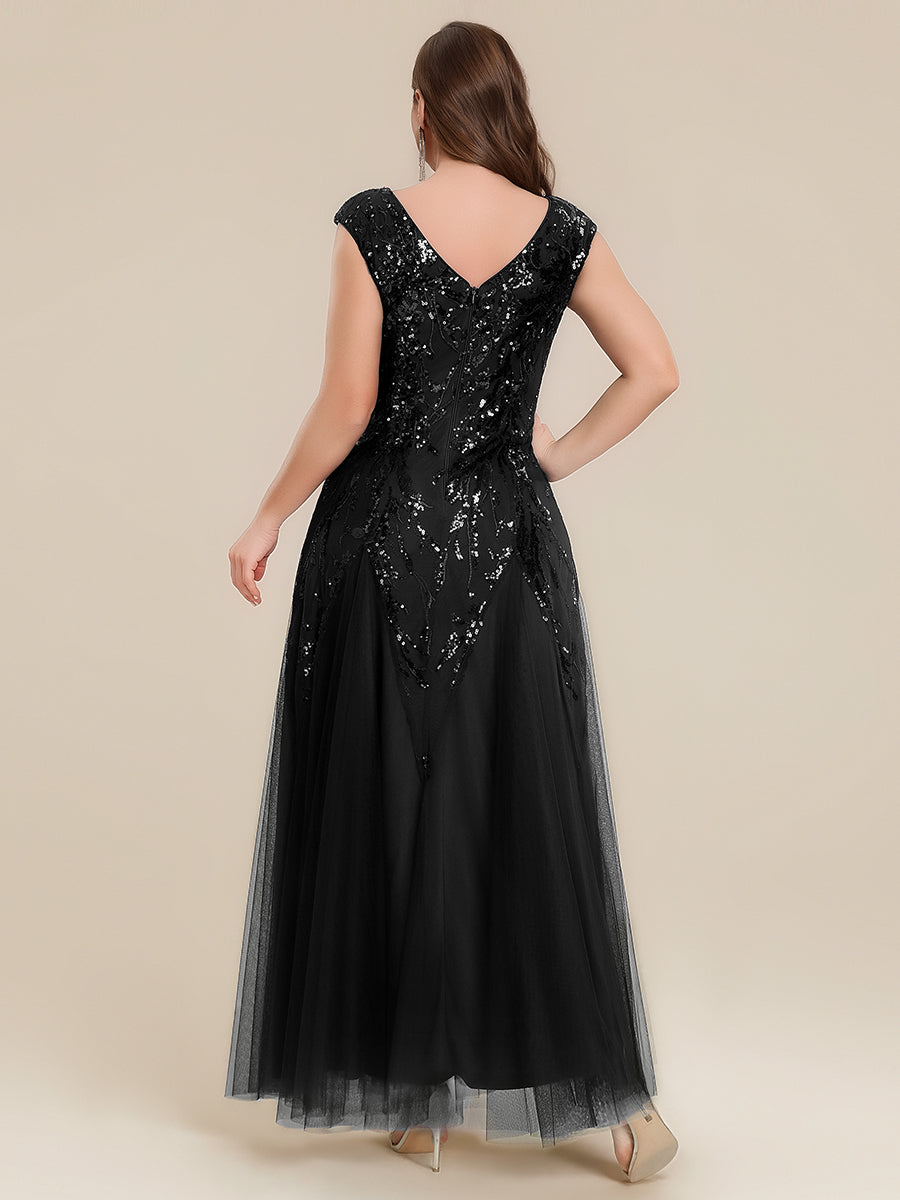 Glitter Embroidered Cap Sleeve High Stretch Mother of the Bride Dress #color_Black