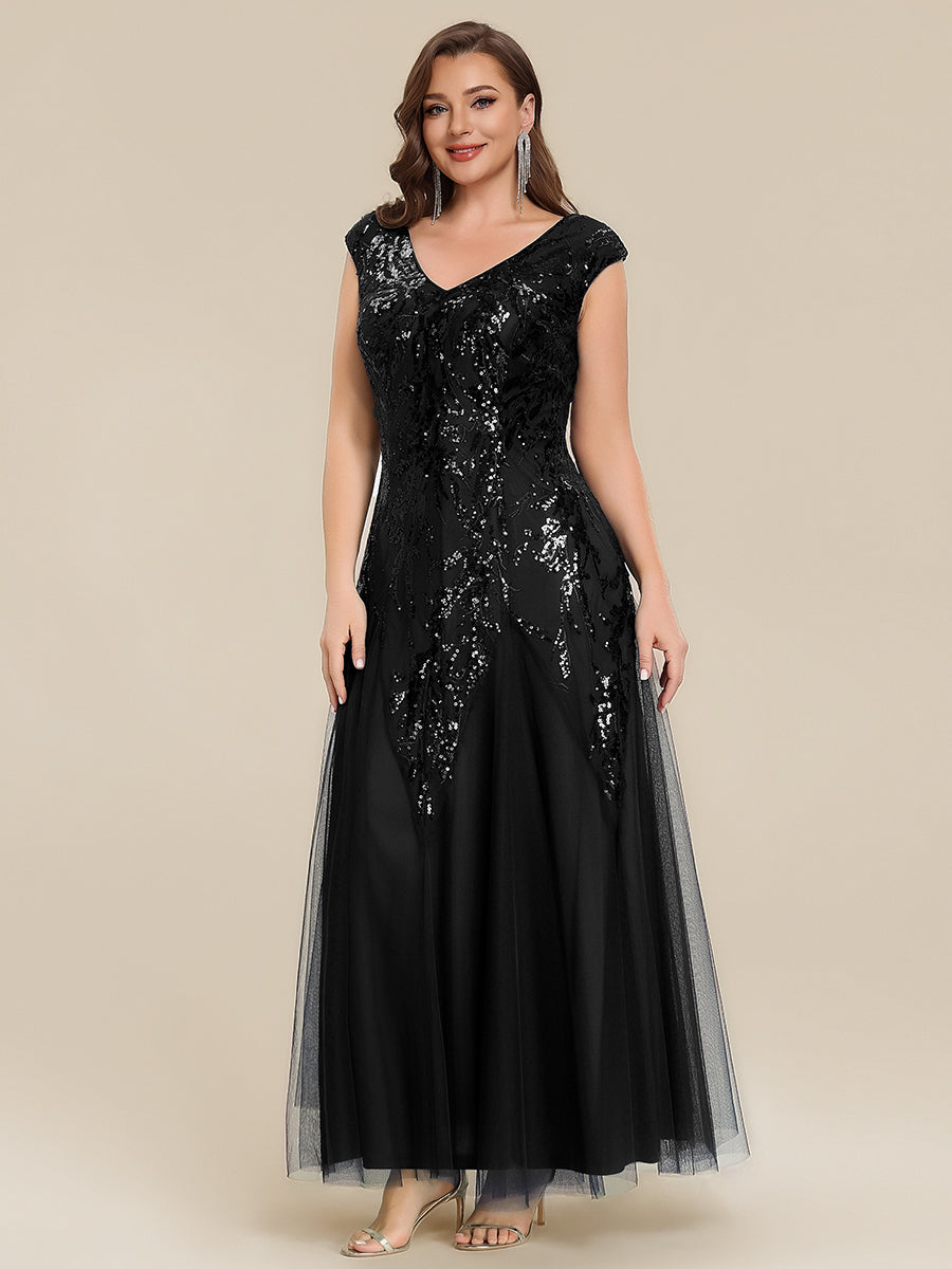 Glitter Embroidered Cap Sleeve High Stretch Mother of the Bride Dress #color_Black