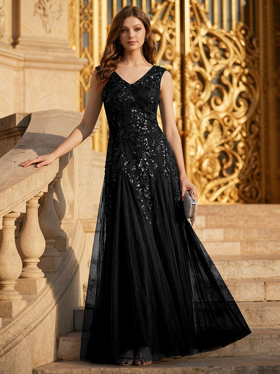 Glitter Embroidered Cap Sleeve High Stretch Mother of the Bride Dress #color_Black
