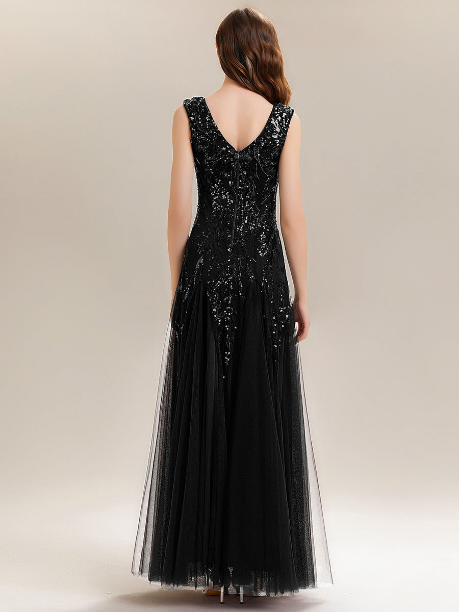 Glitter Embroidered Cap Sleeve High Stretch Mother of the Bride Dress #color_Black