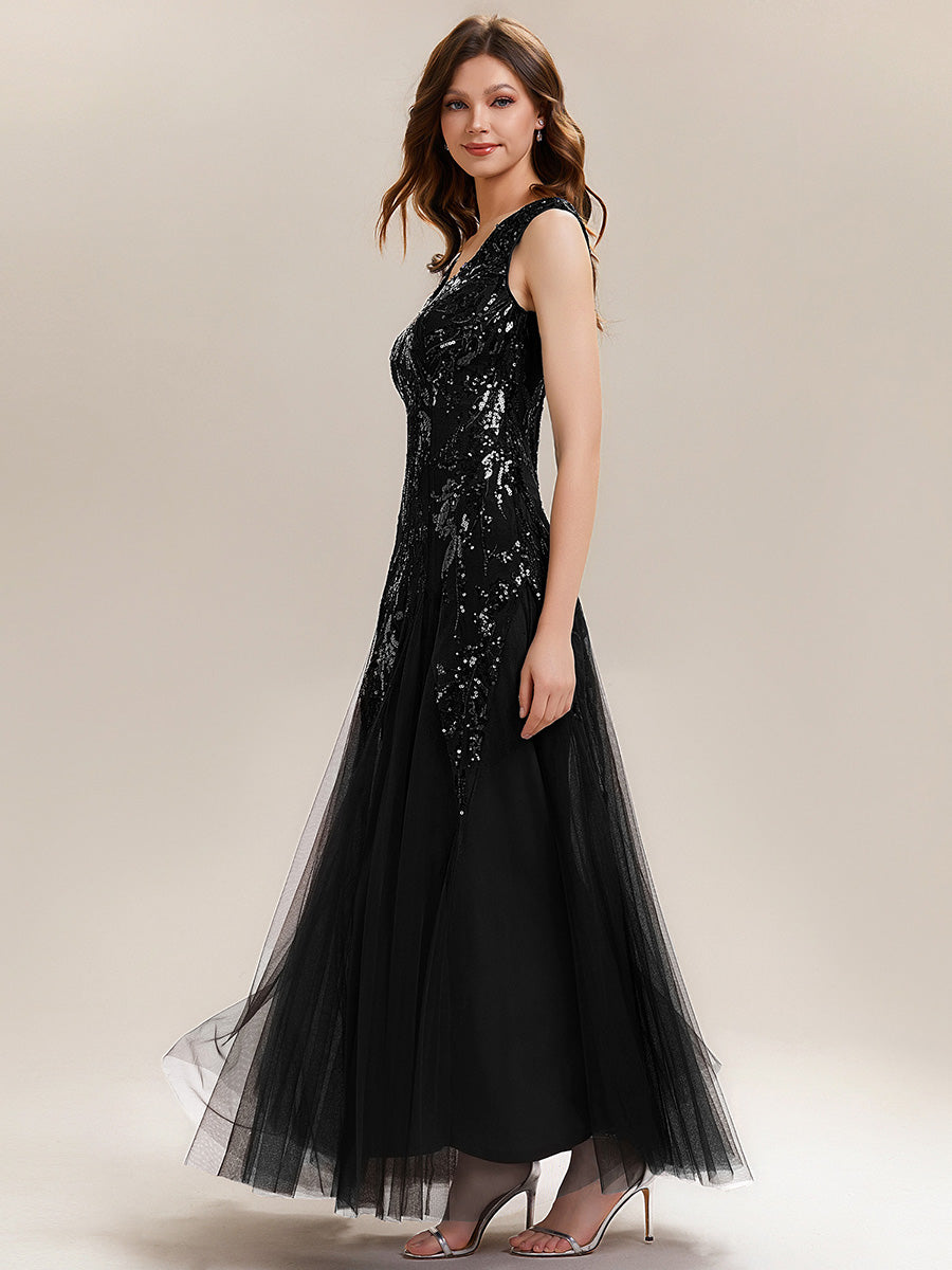 Glitter Embroidered Cap Sleeve High Stretch Mother of the Bride Dress #color_Black