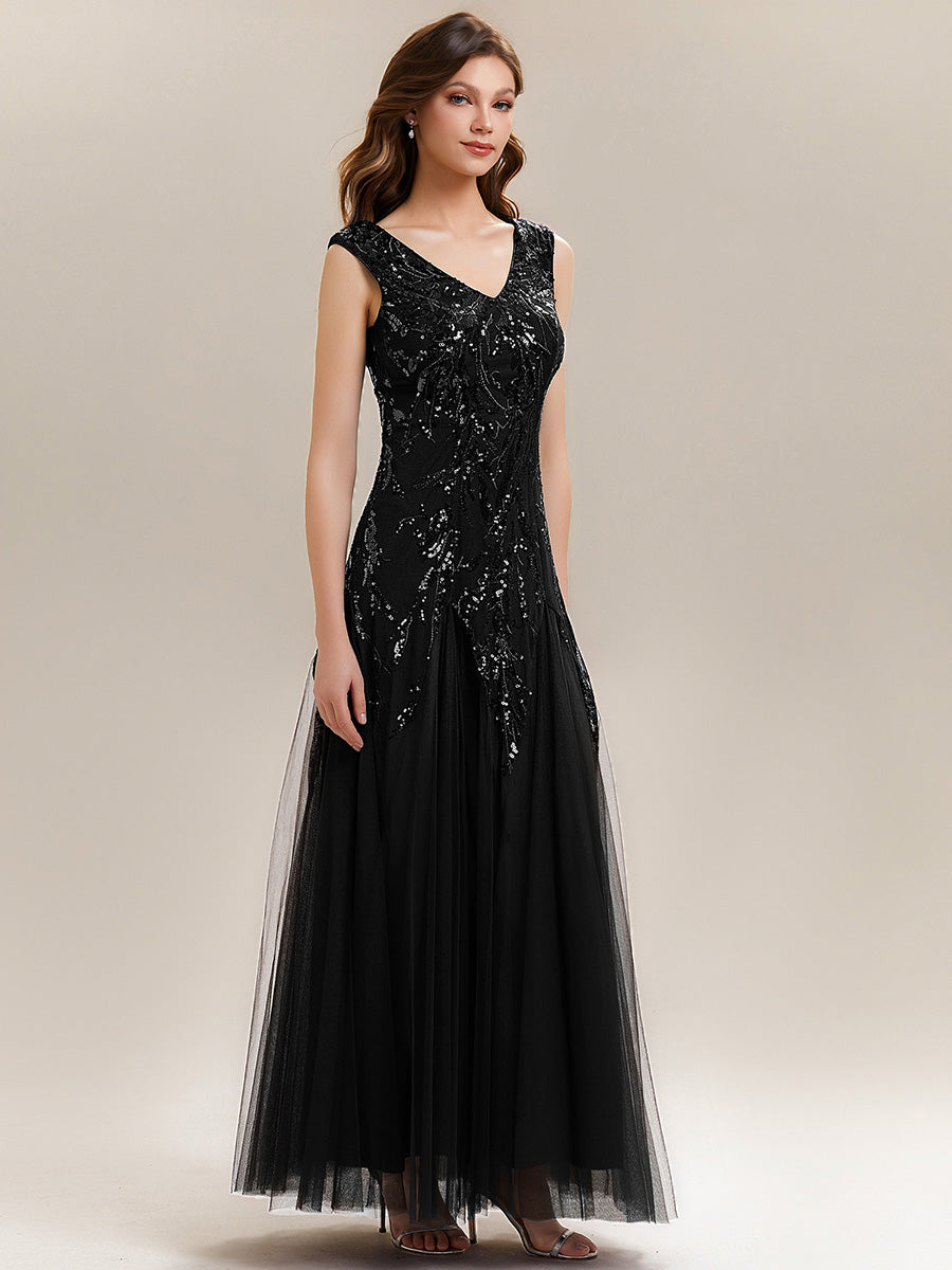 Glitter Embroidered Cap Sleeve High Stretch Mother of the Bride Dress #color_Black