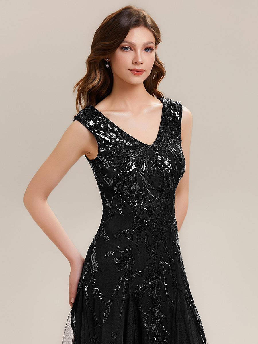 Glitter Embroidered Cap Sleeve High Stretch Mother of the Bride Dress #color_Black