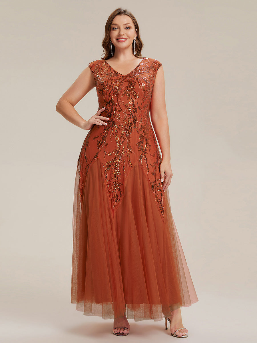 Glitter Embroidered Cap Sleeve High Stretch Mother of the Bride Dress #color_Burnt Orange