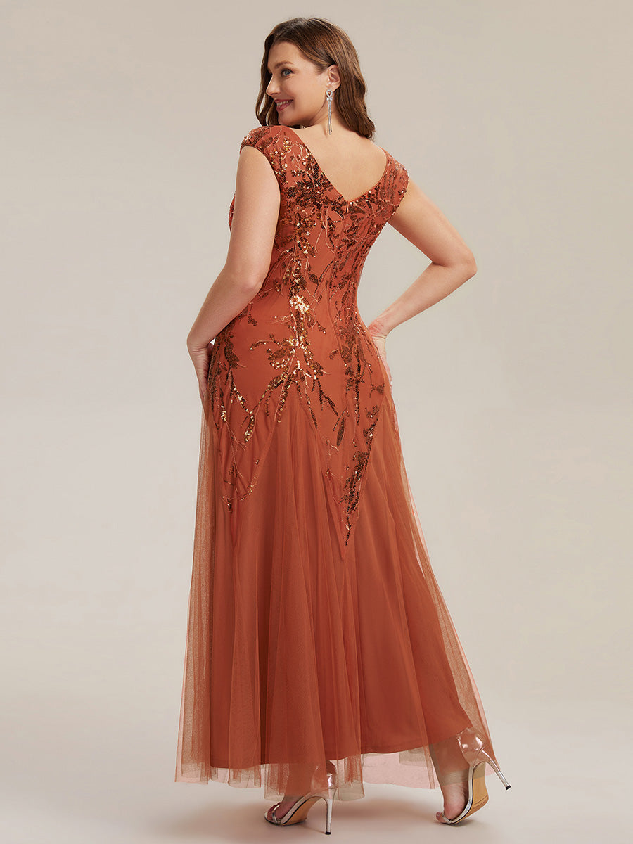 Glitter Embroidered Cap Sleeve High Stretch Mother of the Bride Dress #color_Burnt Orange