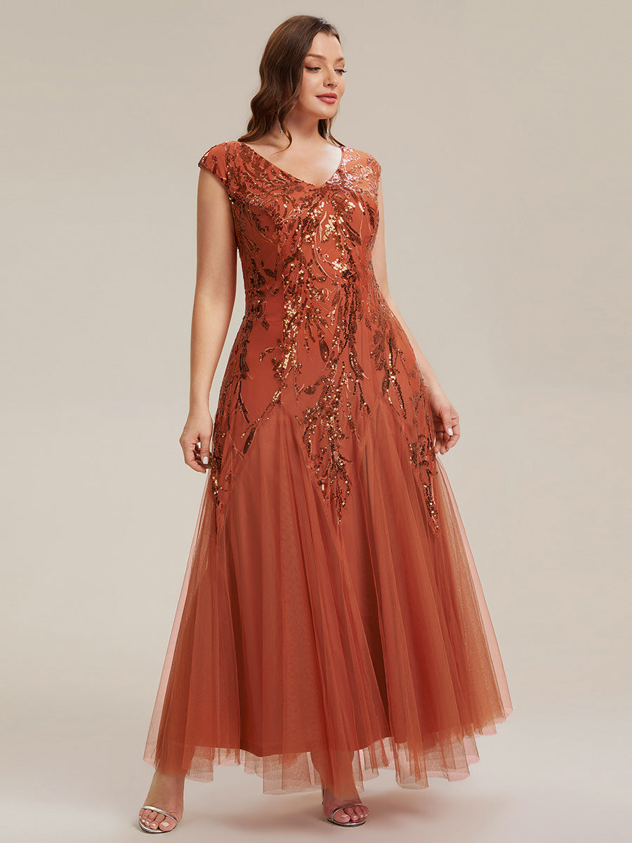 Glitter Embroidered Cap Sleeve High Stretch Mother of the Bride Dress #color_Burnt Orange