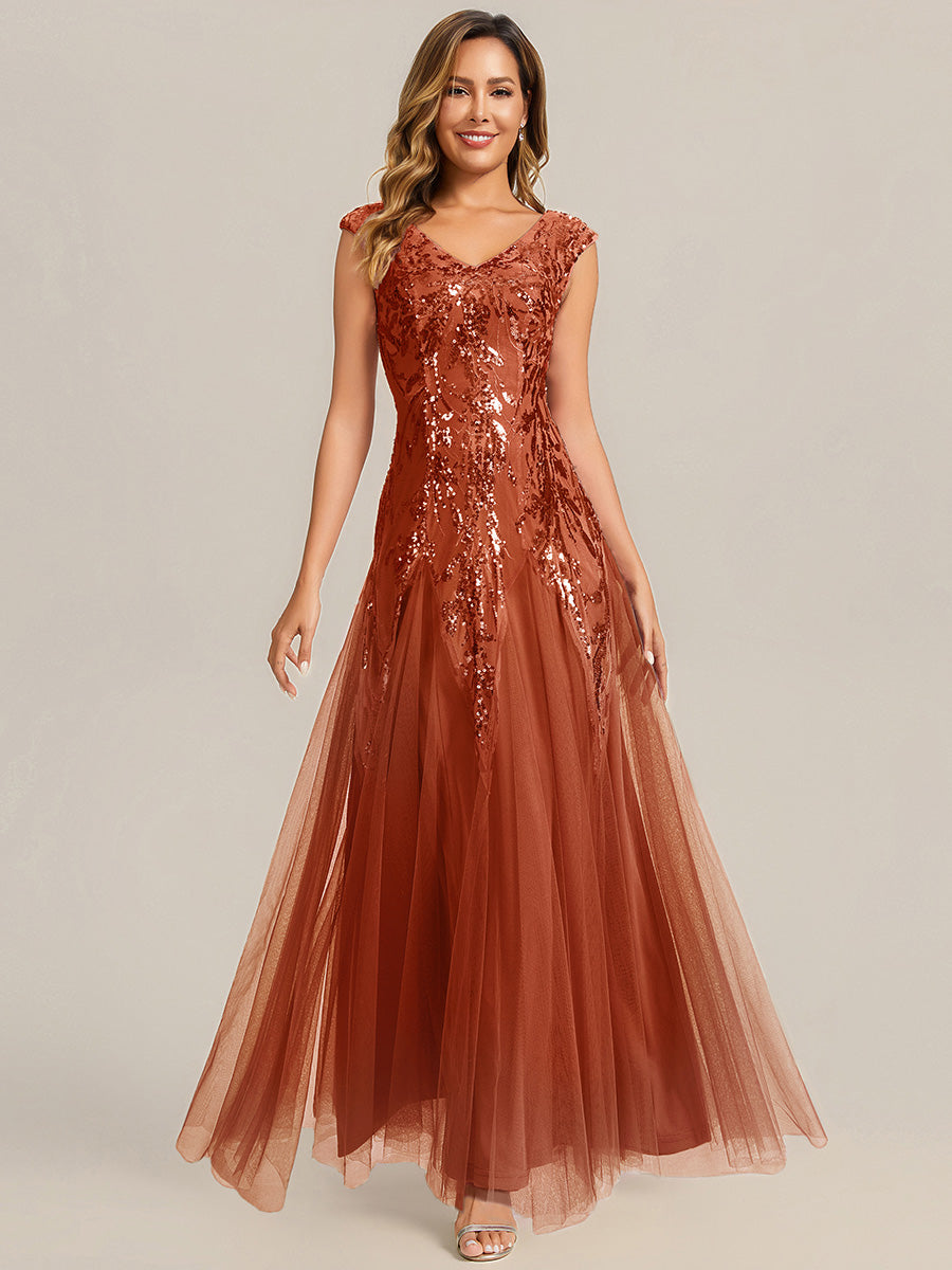 Glitter Embroidered Cap Sleeve High Stretch Mother of the Bride Dress #color_Burnt Orange