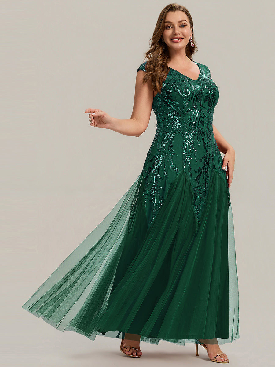 Glitter Embroidered Cap Sleeve High Stretch Mother of the Bride Dress #color_Dark Green