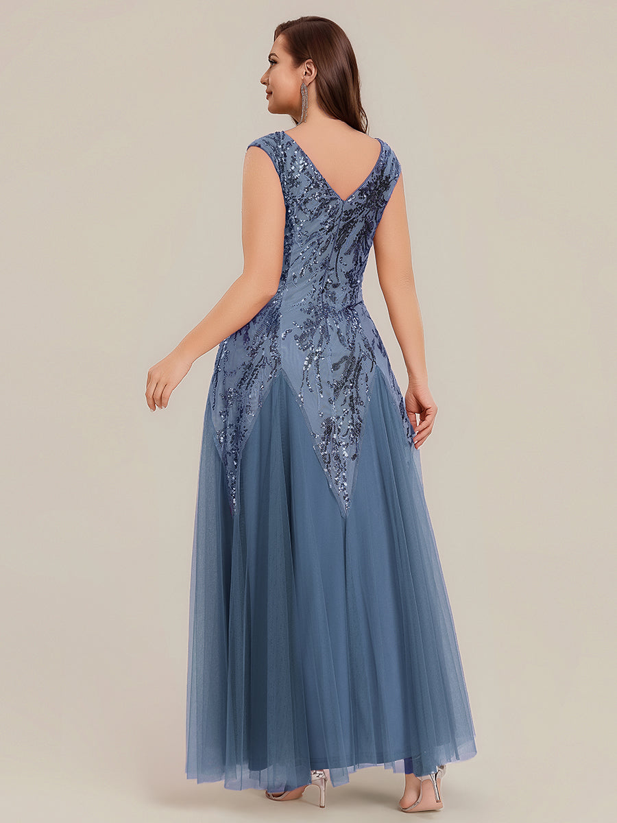 Glitter Embroidered Cap Sleeve High Stretch Mother of the Bride Dress #color_Dusty Blue