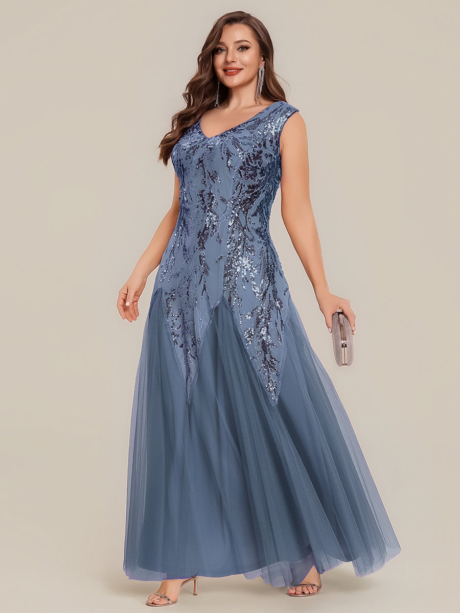 Glitter Embroidered Cap Sleeve High Stretch Mother of the Bride Dress #color_Dusty Blue