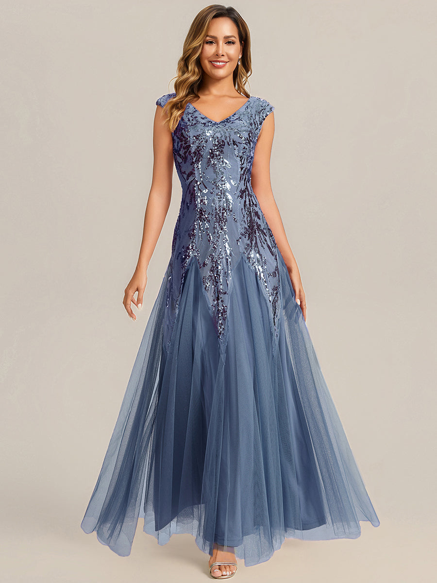 Glitter Embroidered Cap Sleeve High Stretch Mother of the Bride Dress #color_Dusty Blue