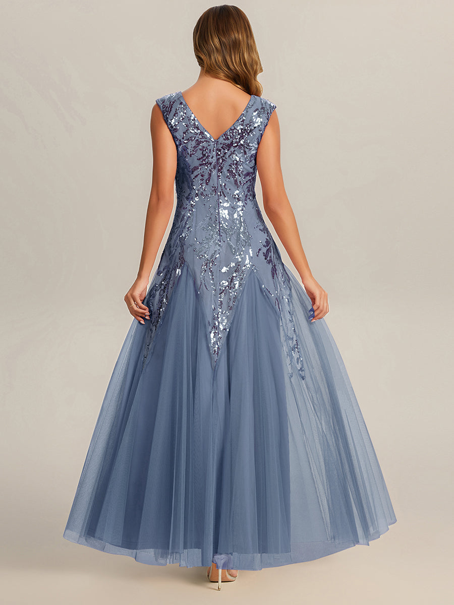 Glitter Embroidered Cap Sleeve High Stretch Mother of the Bride Dress #color_Dusty Blue