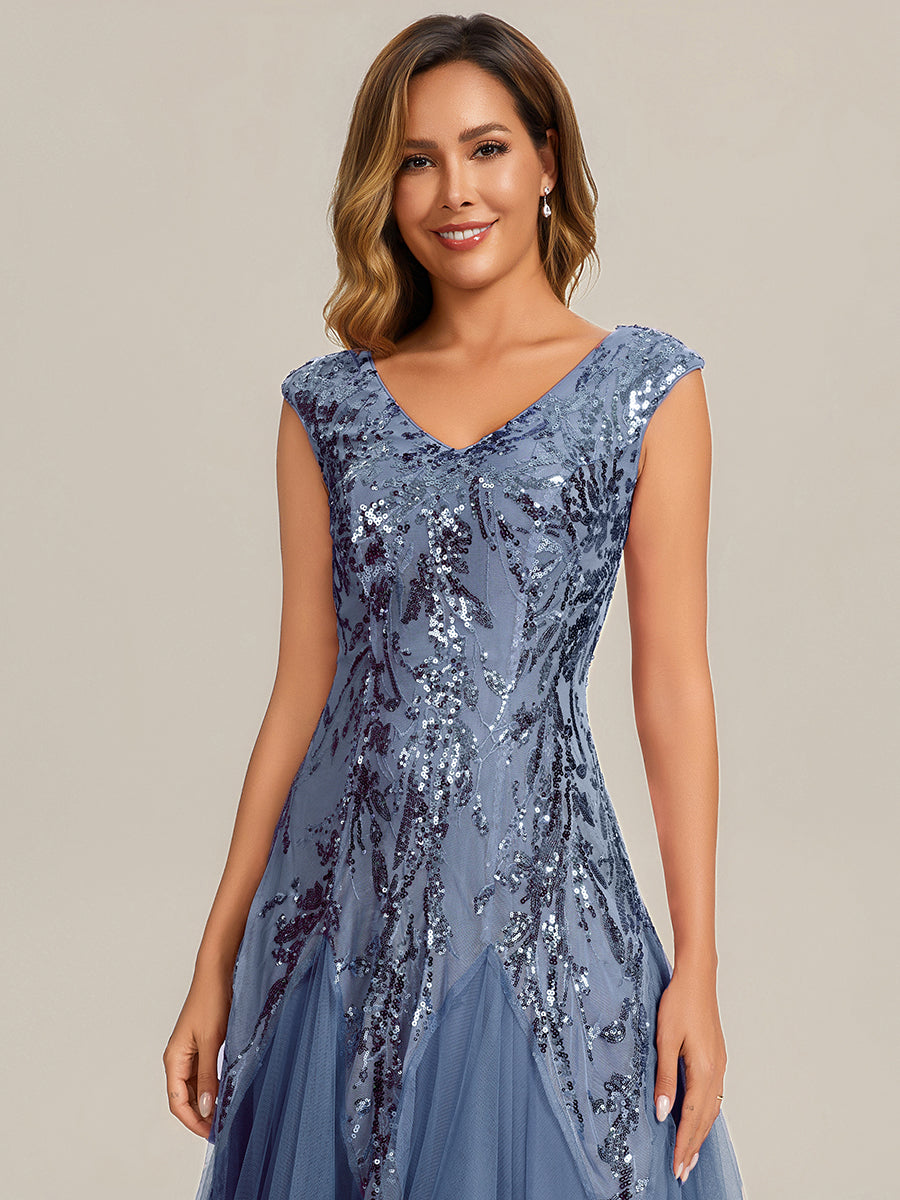 Glitter Embroidered Cap Sleeve High Stretch Mother of the Bride Dress #color_Dusty Blue