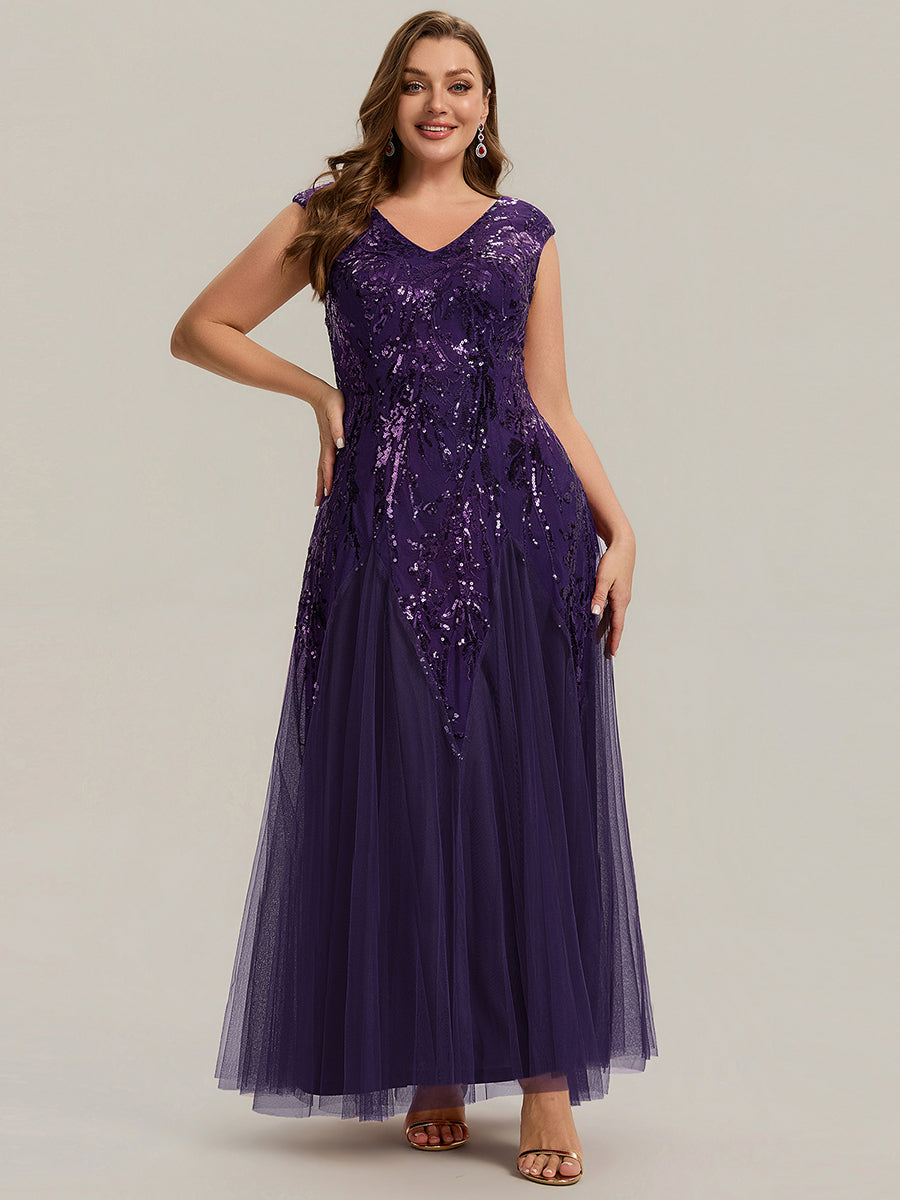 Glitter Embroidered Cap Sleeve High Stretch Mother of the Bride Dress #color_Dark Purple