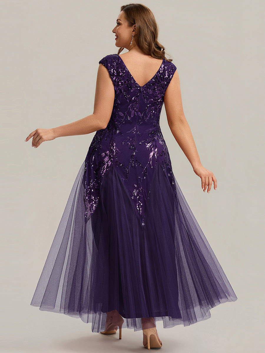 Glitter Embroidered Cap Sleeve High Stretch Mother of the Bride Dress #color_Dark Purple