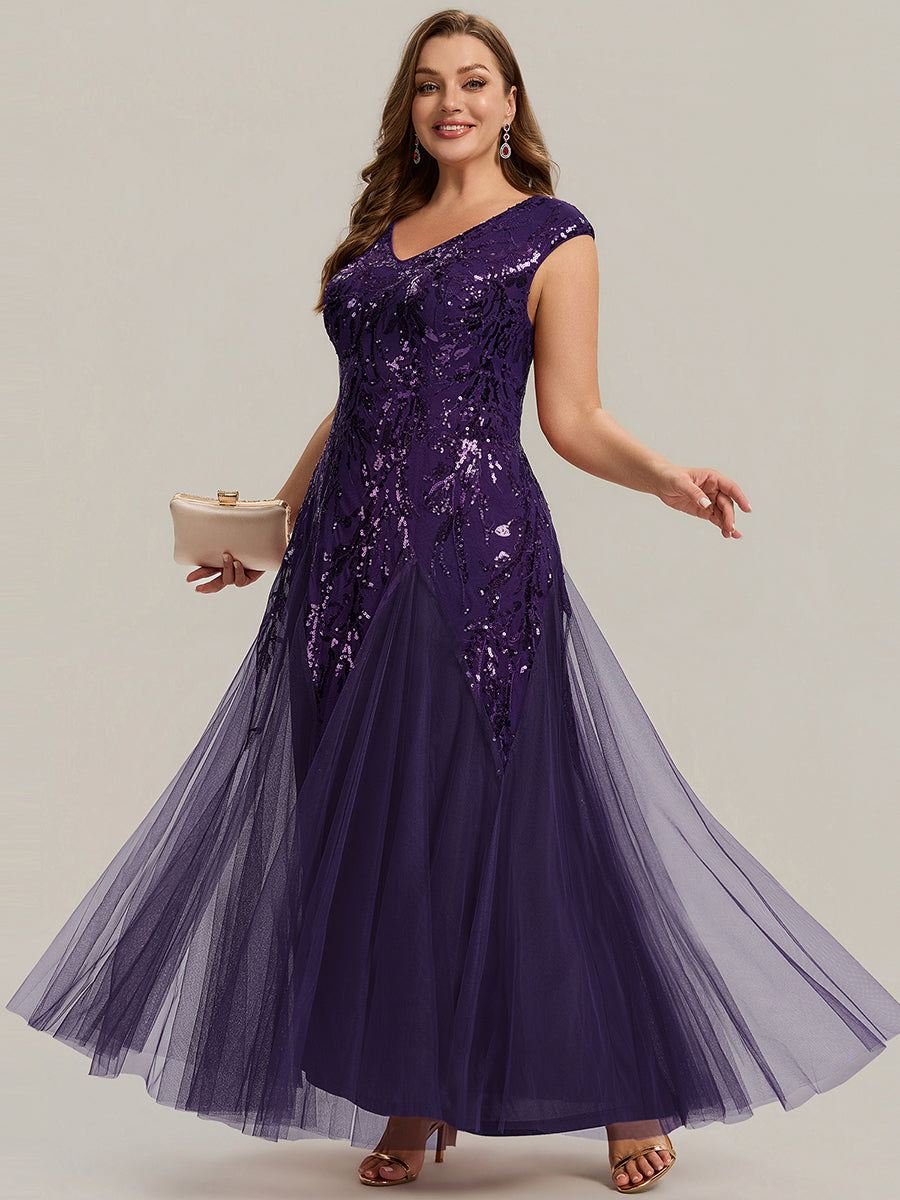 Glitter Embroidered Cap Sleeve High Stretch Mother of the Bride Dress #color_Dark Purple