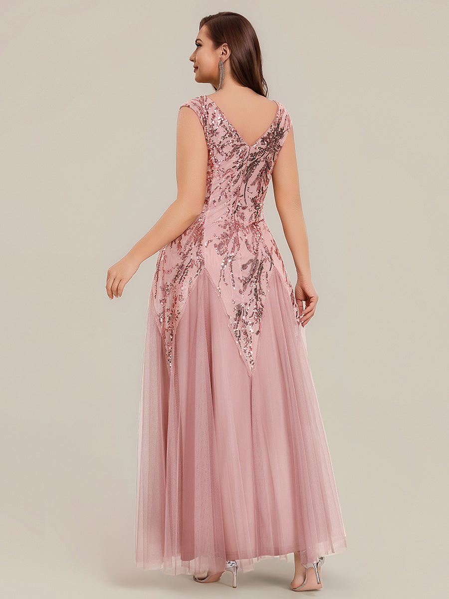 Glitter Embroidered Cap Sleeve High Stretch Mother of the Bride Dress #color_Dusty Rose