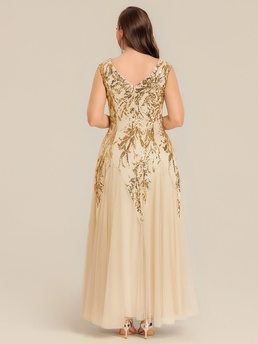 Glitter Embroidered Cap Sleeve High Stretch Mother of the Bride Dress #color_Gold