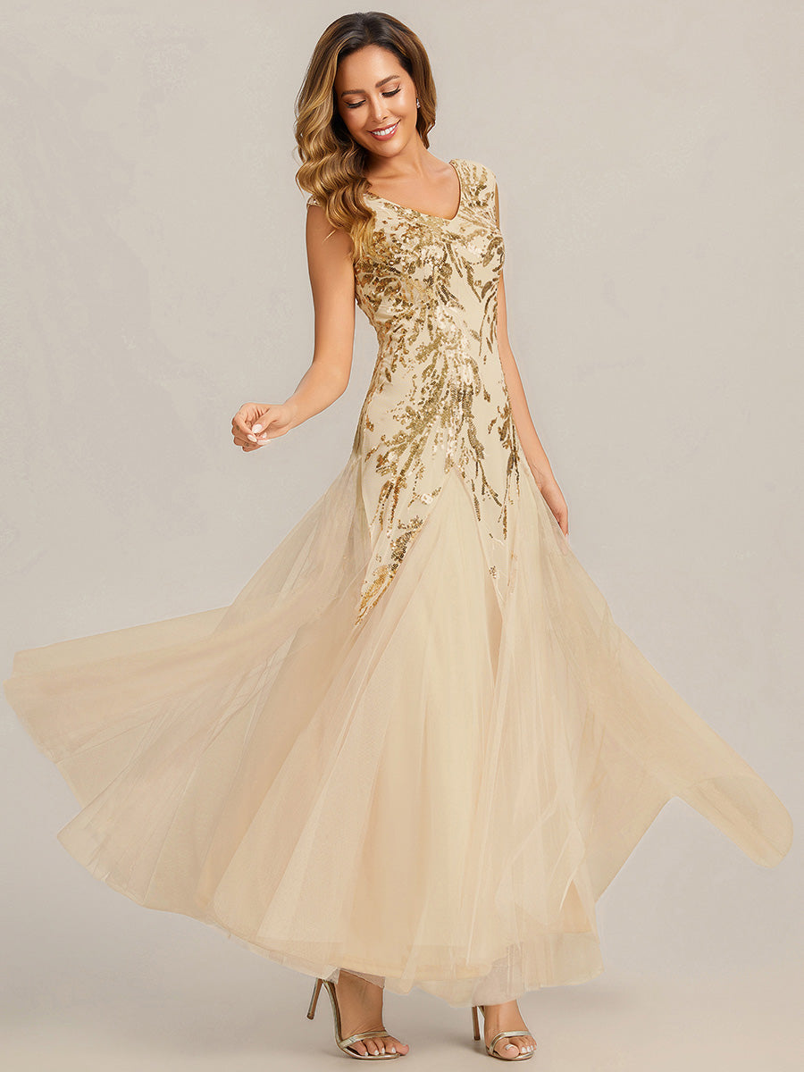 Glitter Embroidered Cap Sleeve High Stretch Mother of the Bride Dress #color_Gold