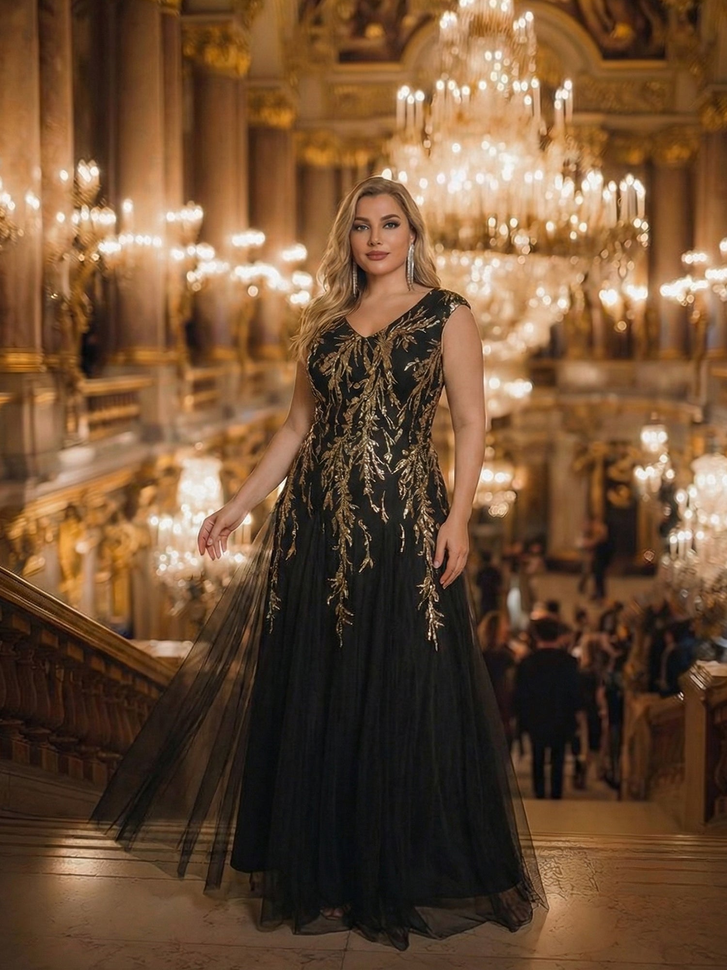 Glitter Embroidered Cap Sleeve High Stretch Mother of the Bride Dress #color_Black & Gold