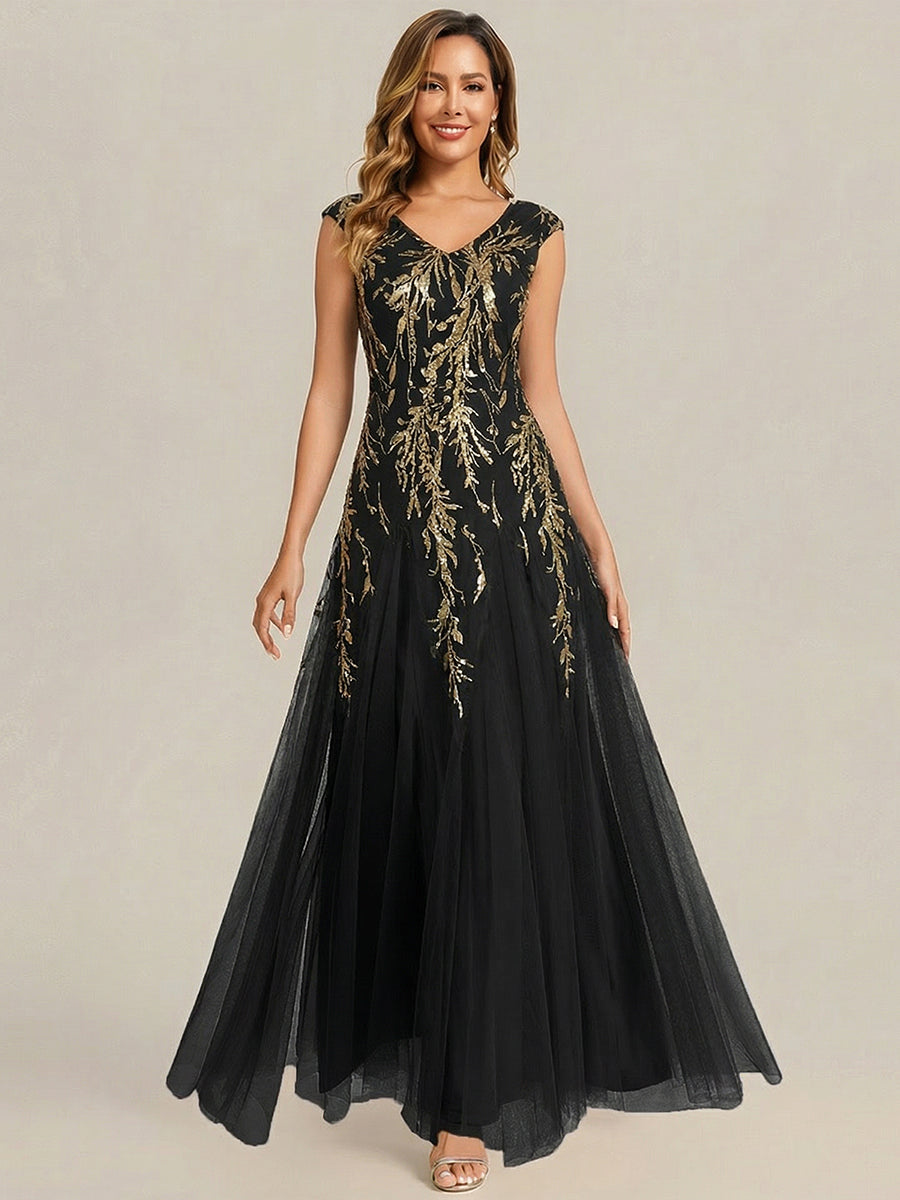 Glitter Embroidered Cap Sleeve High Stretch Mother of the Bride Dress #color_Black & Gold
