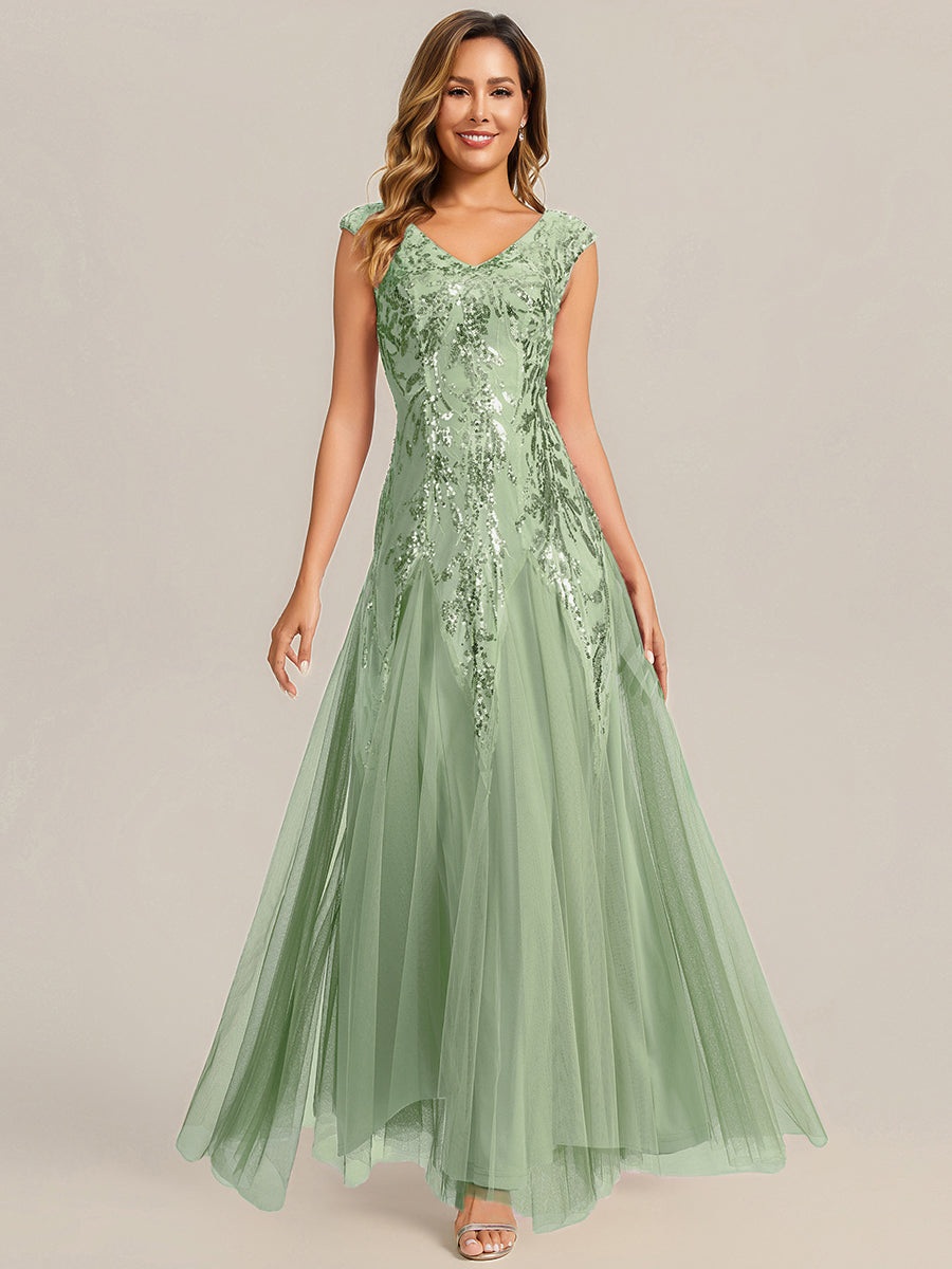 Glitter Embroidered Cap Sleeve High Stretch Mother of the Bride Dress #color_Mint Green