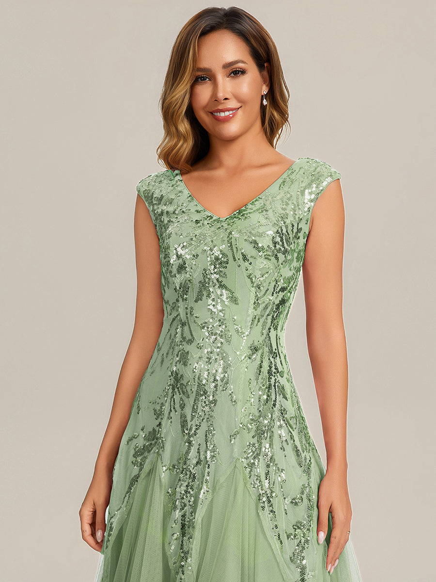 Glitter Embroidered Cap Sleeve High Stretch Mother of the Bride Dress #color_Mint Green
