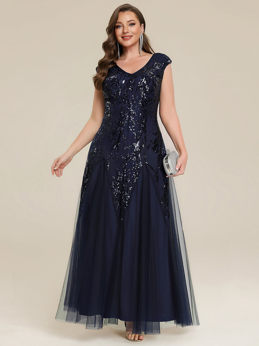Glitter Embroidered Cap Sleeve High Stretch Mother of the Bride Dress #color_Navy Blue