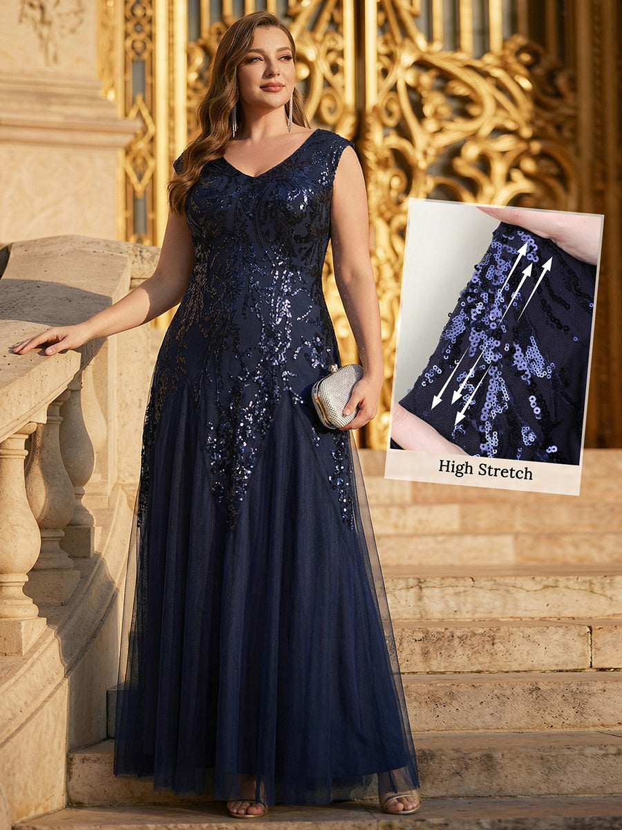 Glitter Embroidered Cap Sleeve High Stretch Mother of the Bride Dress #color_Navy Blue