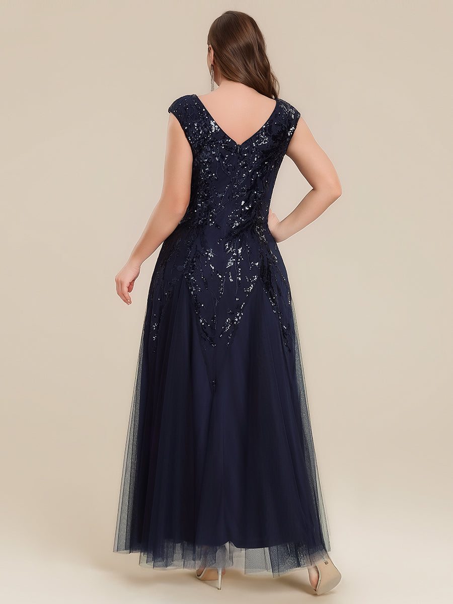 Glitter Embroidered Cap Sleeve High Stretch Mother of the Bride Dress #color_Navy Blue