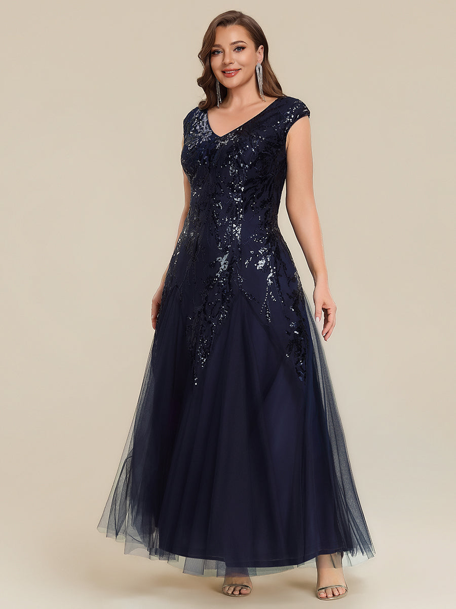 Glitter Embroidered Cap Sleeve High Stretch Mother of the Bride Dress #color_Navy Blue