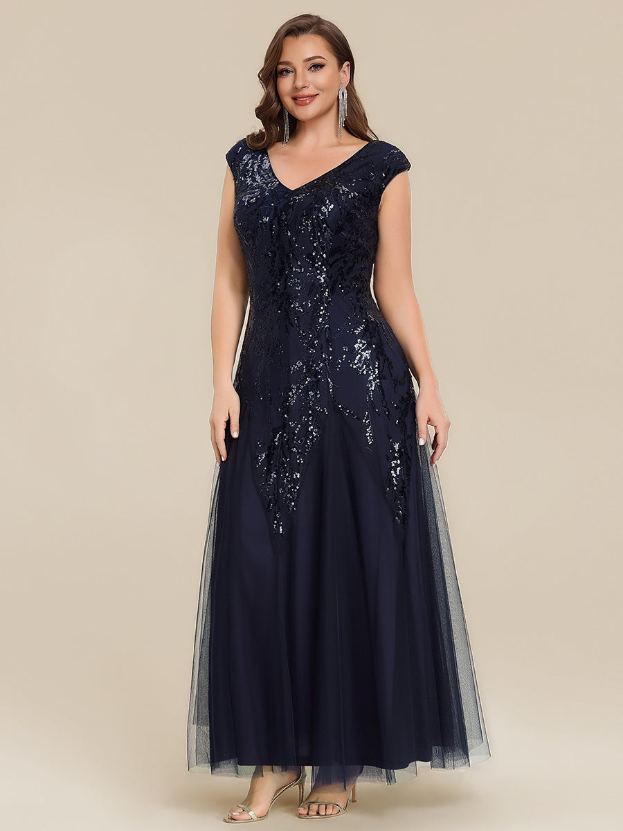 Glitter Embroidered Cap Sleeve High Stretch Mother of the Bride Dress #color_Navy Blue